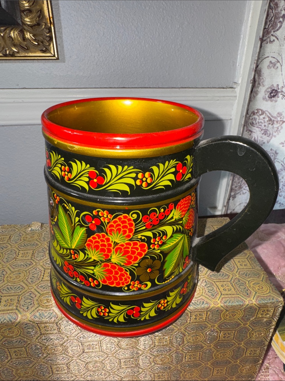 Hand-Painted Red and Gold Floral Beer Stein - Traditional Decorative Mug